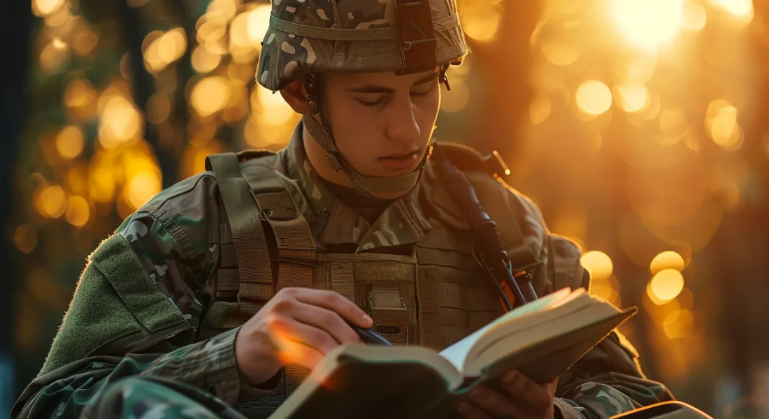 soldier in uniform studying an asvab practice book