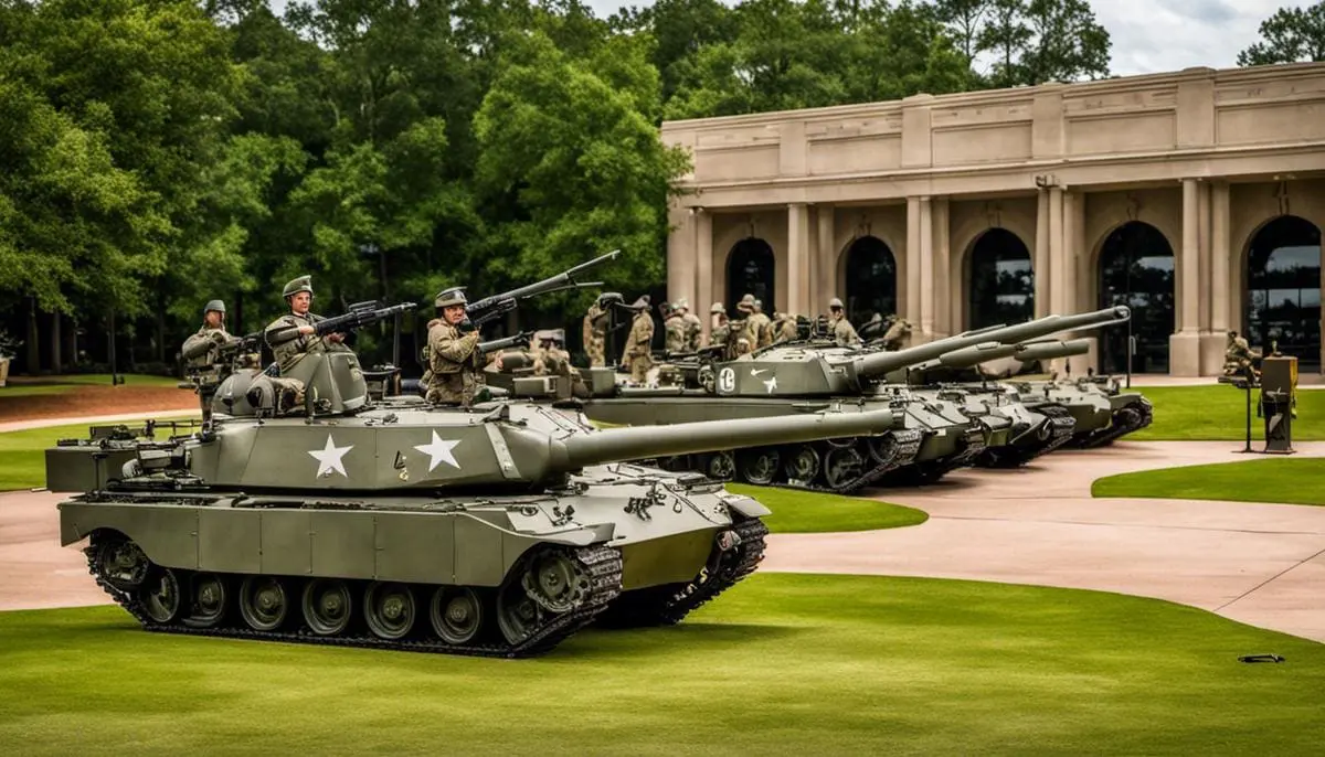 An image showing the exterior of Fort Benning Museums, depicting artifacts and military equipment, showcasing the rich history of the U.S. military