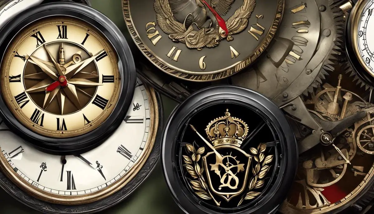 Illustration depicting different clocks and military symbols